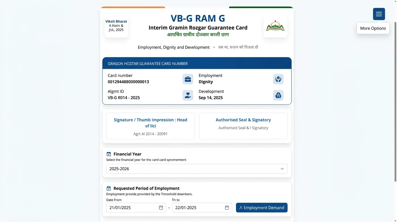 Official Job Card header showing Head of Household, Father Name, Village, Panchayat, and Select Financial Year dropdown