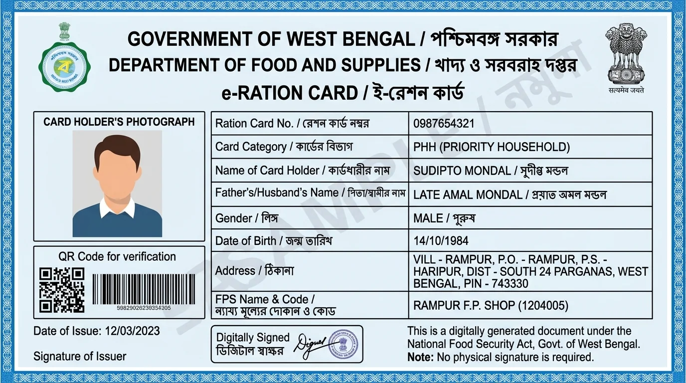 West Bengal Official Digital e-Ration Card Sample PDF Front and Back View